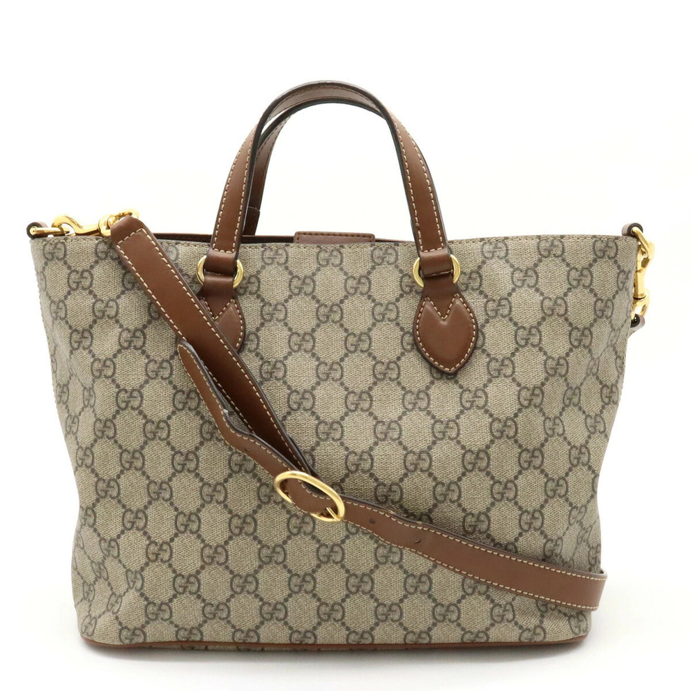 Gucci GG Supreme Handbag Tote Bag Shoulder Leather Beige Cream Brown